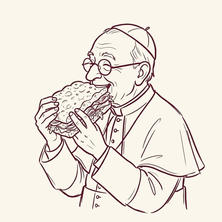 Ilustración de un cardenal comiendo un bocadillo
